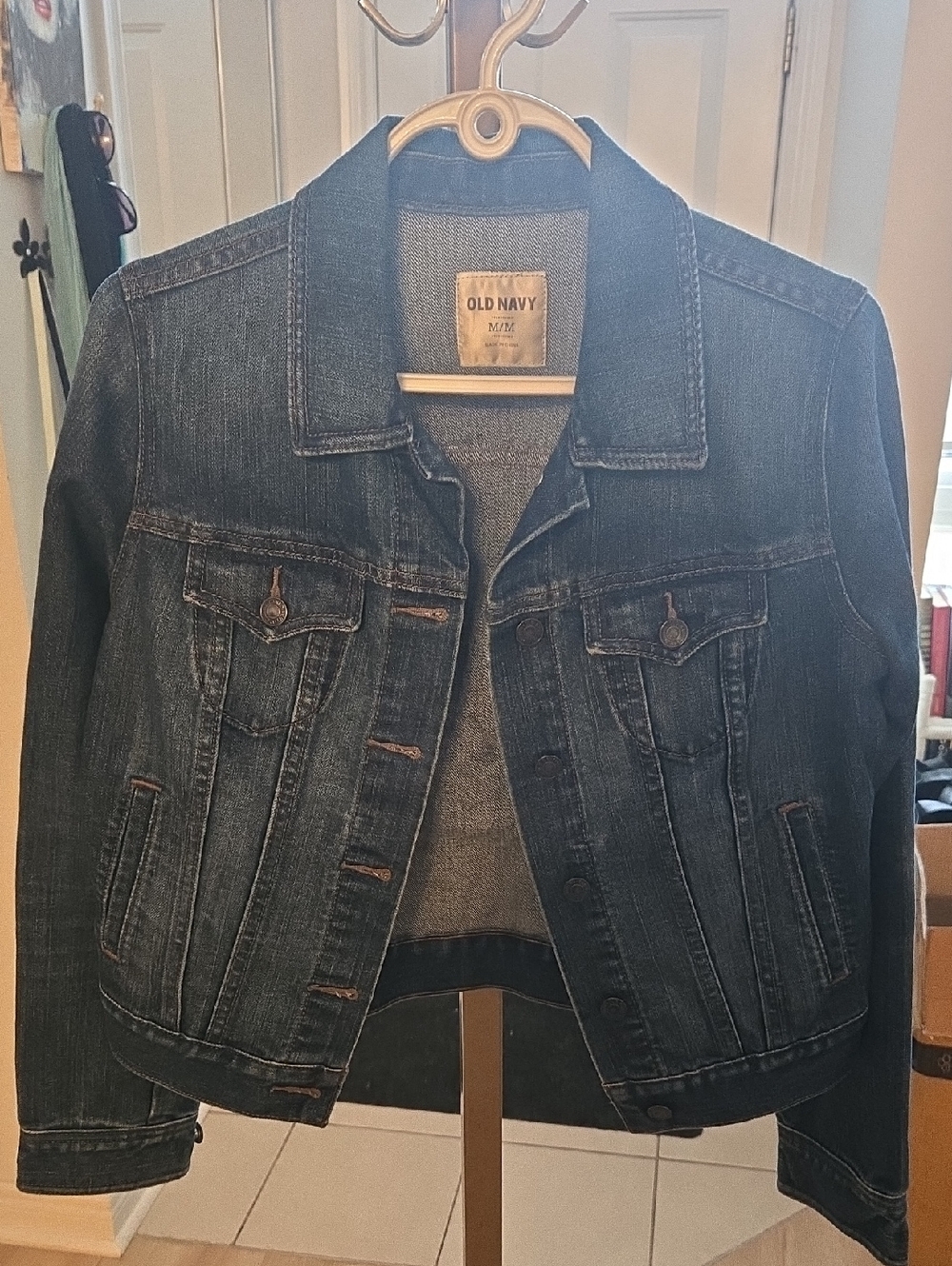 Old Navy denim jacket,  dark blue, with buttons and pockets, like new